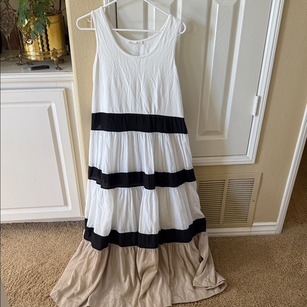 White and Black and beige Striped Maxi Dress color block tiered cotton and rayon - Picture 2 of 5